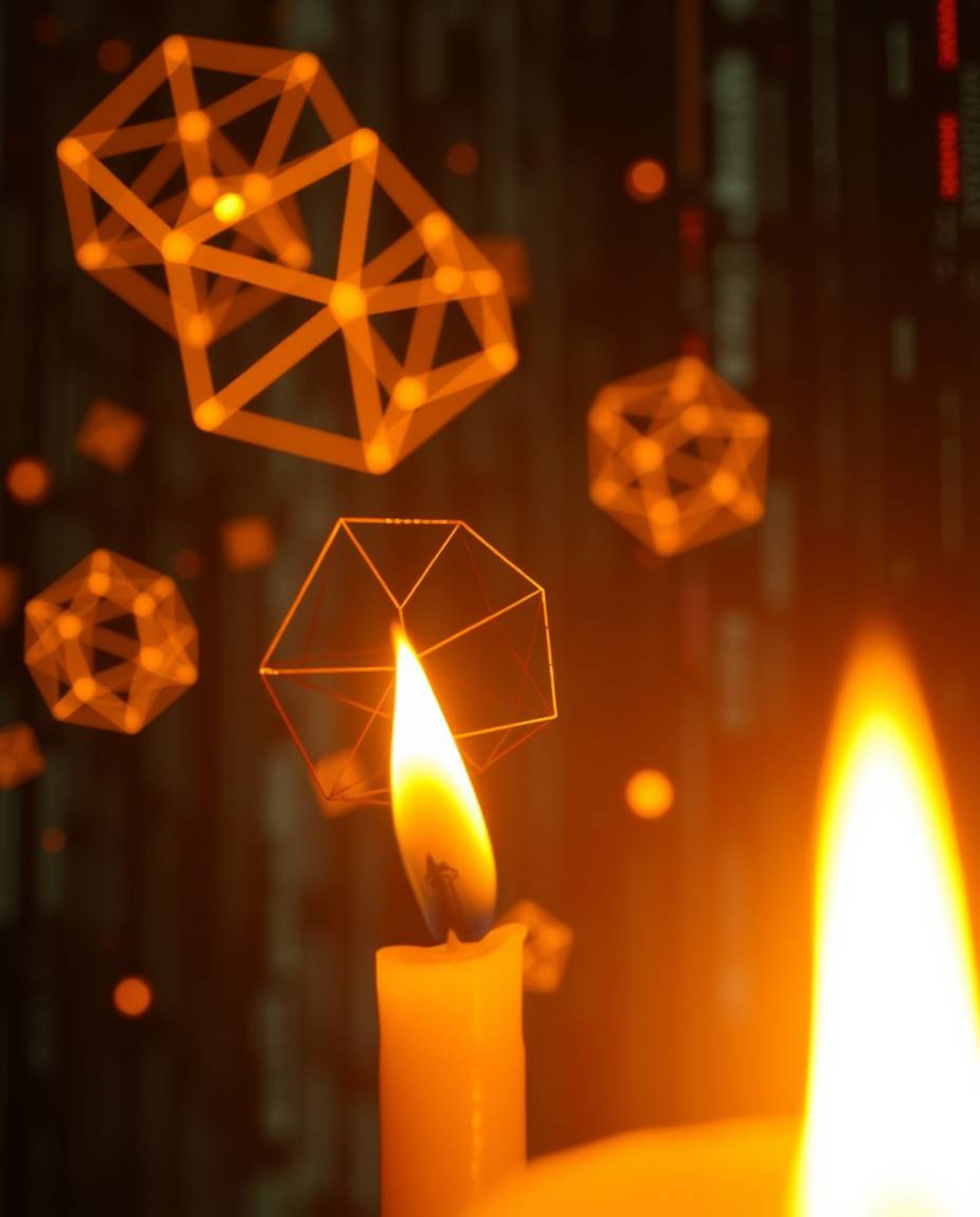 A captivating close-up reveals warm candlelight illuminating glitched geometric shapes that float within a vibrant cyberspace