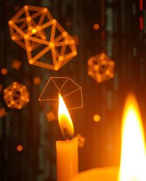 A captivating close-up reveals warm candlelight illuminating glitched geometric shapes that float within a vibrant cyberspace