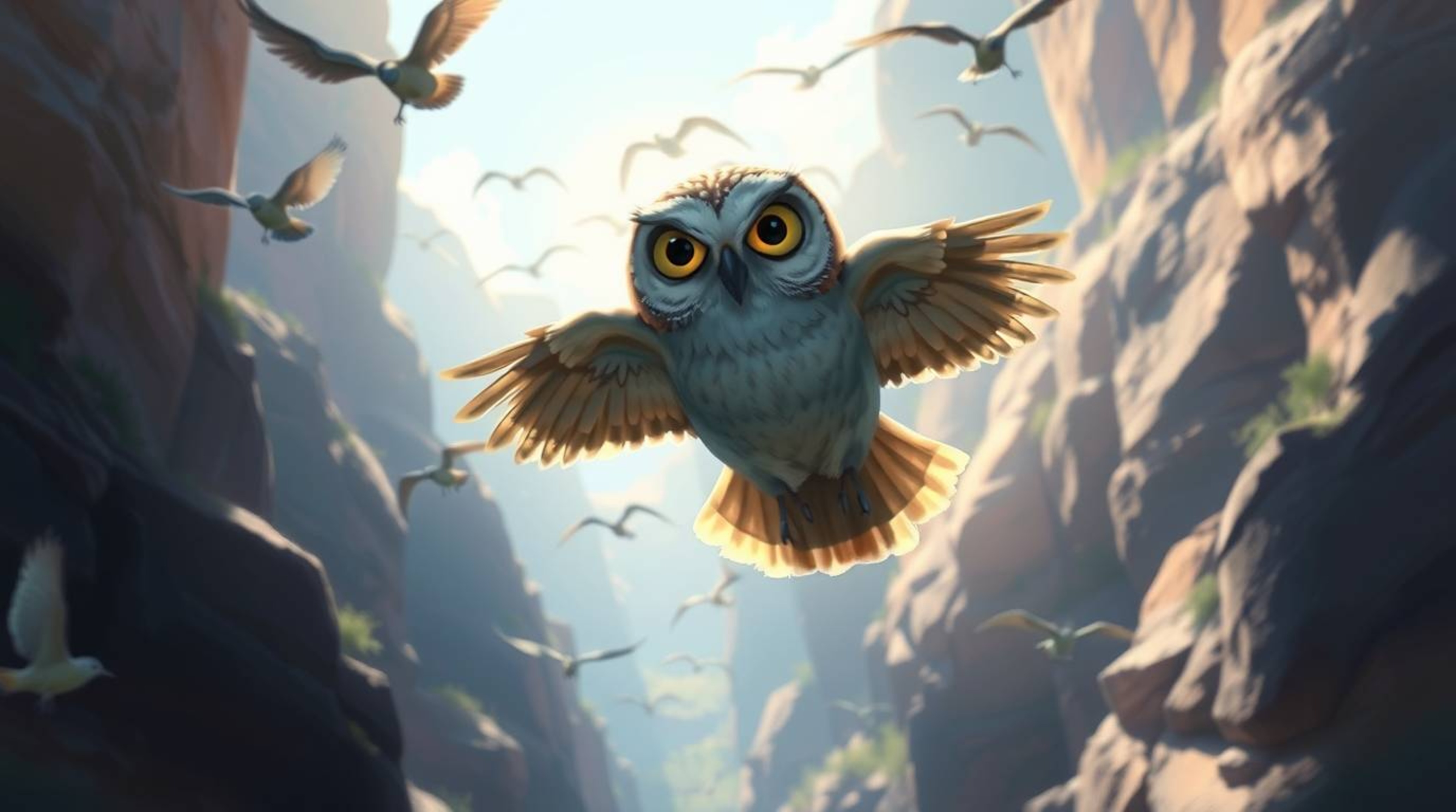 A digitally painted image, highly reminiscent of a Pixar film, captures a heartwarming scene of a blind owl with soft feature