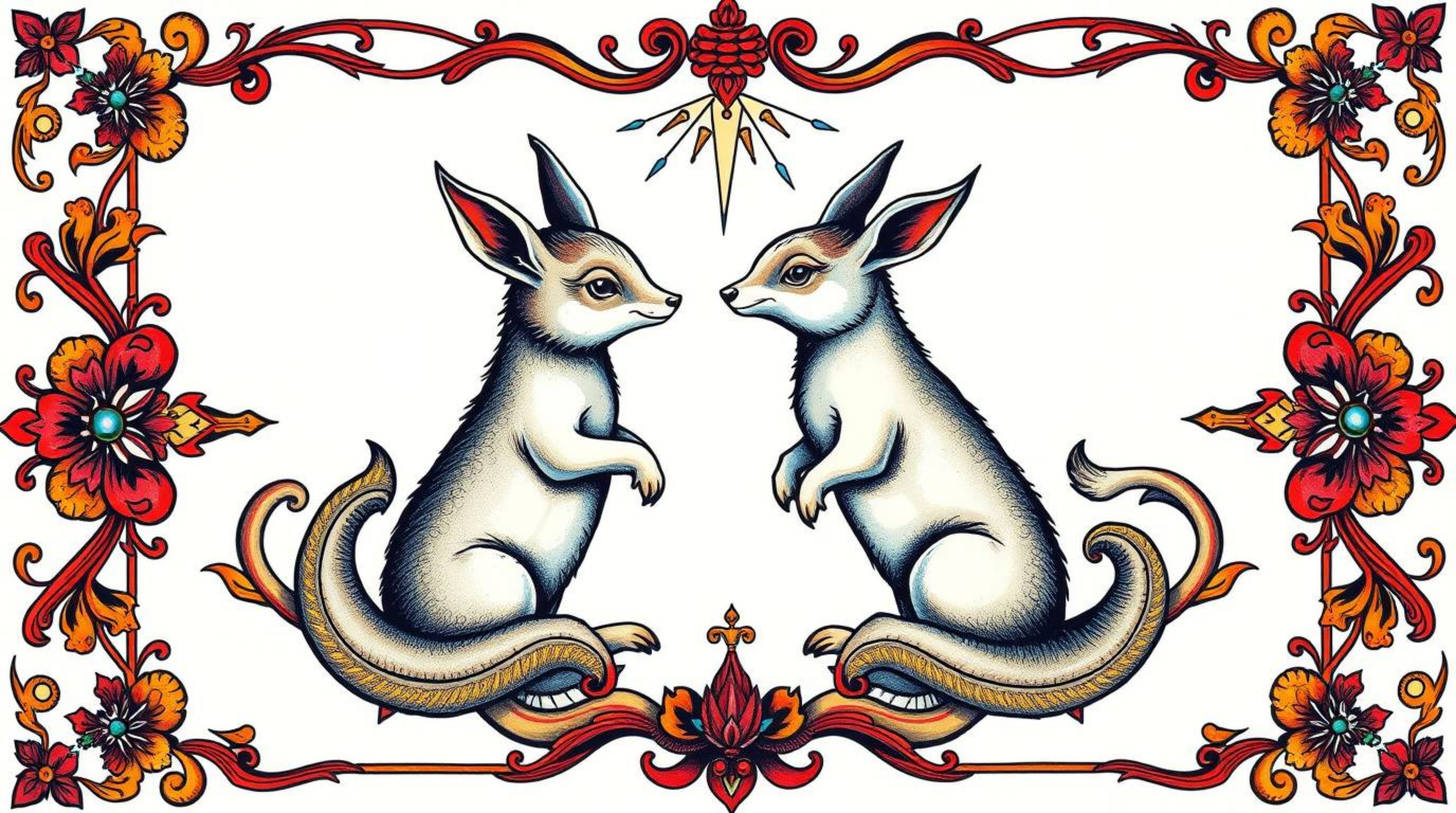 This vibrant, retro-style traditional tattoo art print features two mischievous talking animals nestled within a complex orna