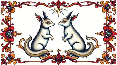This vibrant, retro-style traditional tattoo art print features two mischievous talking animals nestled within a complex orna
