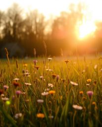 A beautiful scene of a spring wildflower meadow bathed in the warm, soft light of the golden hour at sunset. The low sun crea