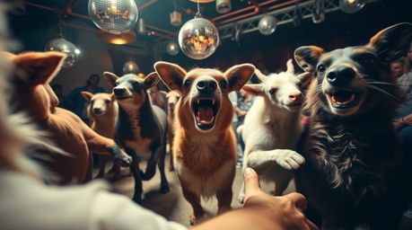 Experience a unique high-angle perspective of an animal dance party, captured in a fine art photograph.  The image features v