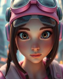 This image captures the detailed features of a young inventor girl's face in a tight close-up shot, rendered in soft pastel c