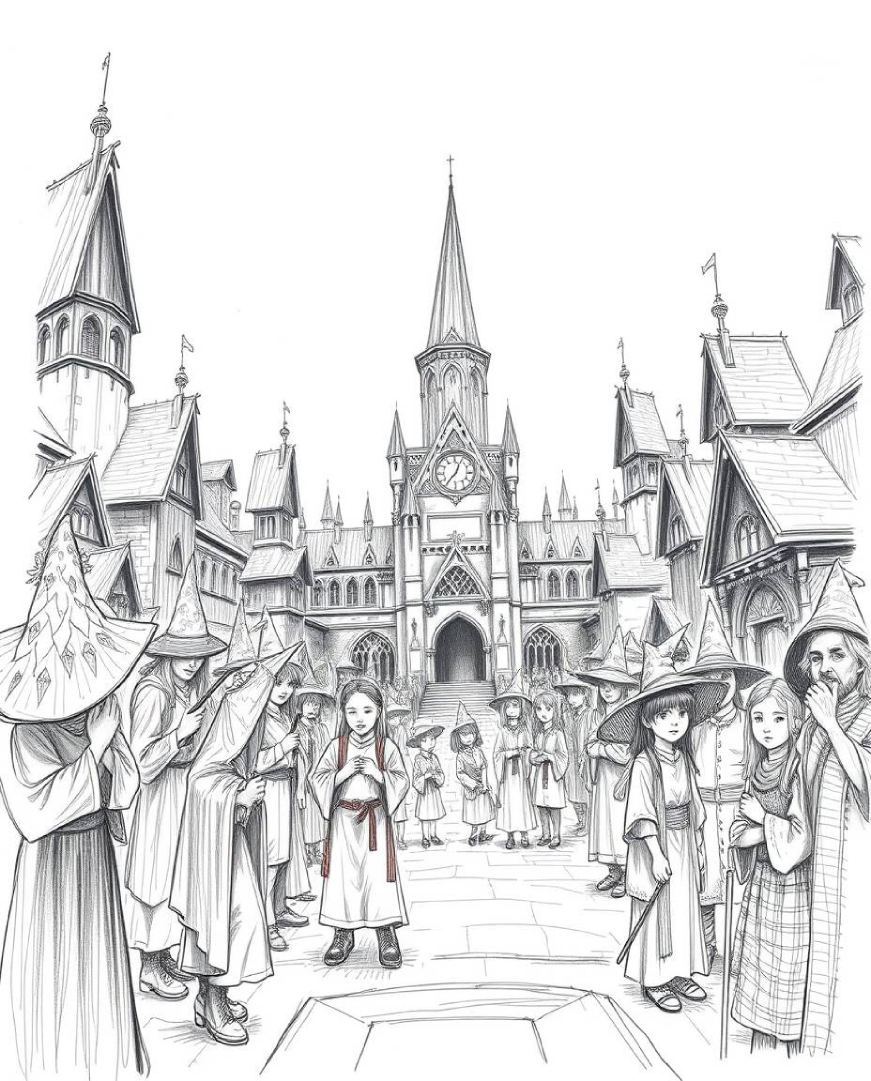 Explore an epic, hand-drawn sketch illustration featuring a magical school teeming with young wizards. This stunning artwork,
