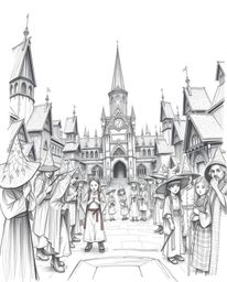 Explore an epic, hand-drawn sketch illustration featuring a magical school teeming with young wizards. This stunning artwork,