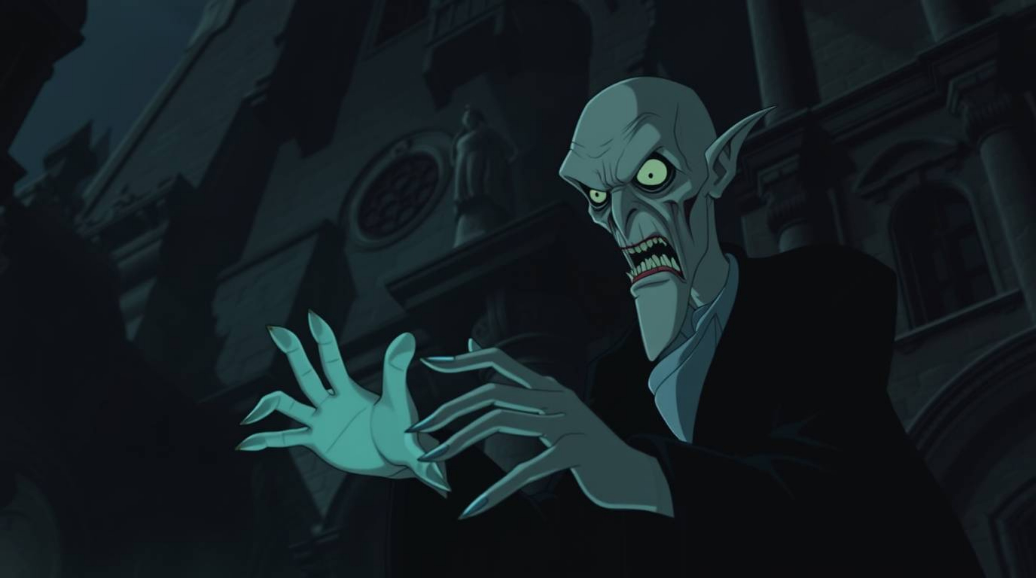 A haunting image depicting a classic Disney villain with gaunt features and pale skin, deeply engrossed in casting a spell wi