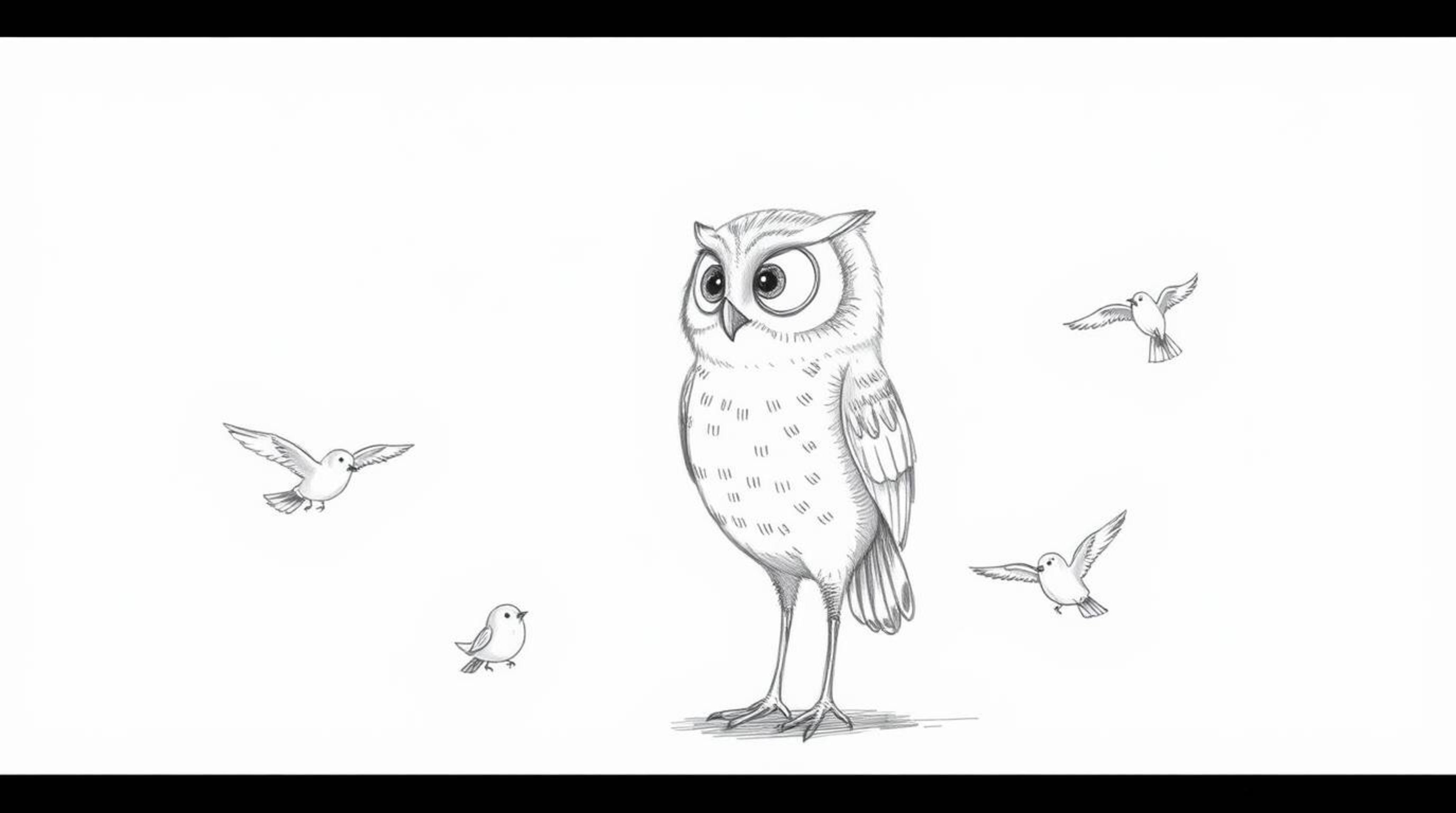 A heartwarming hand-drawn sketch in the style of Pixar depicts a wise, blind owl with subtly expressive features patiently te