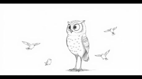 A heartwarming hand-drawn sketch in the style of Pixar depicts a wise, blind owl with subtly expressive features patiently te