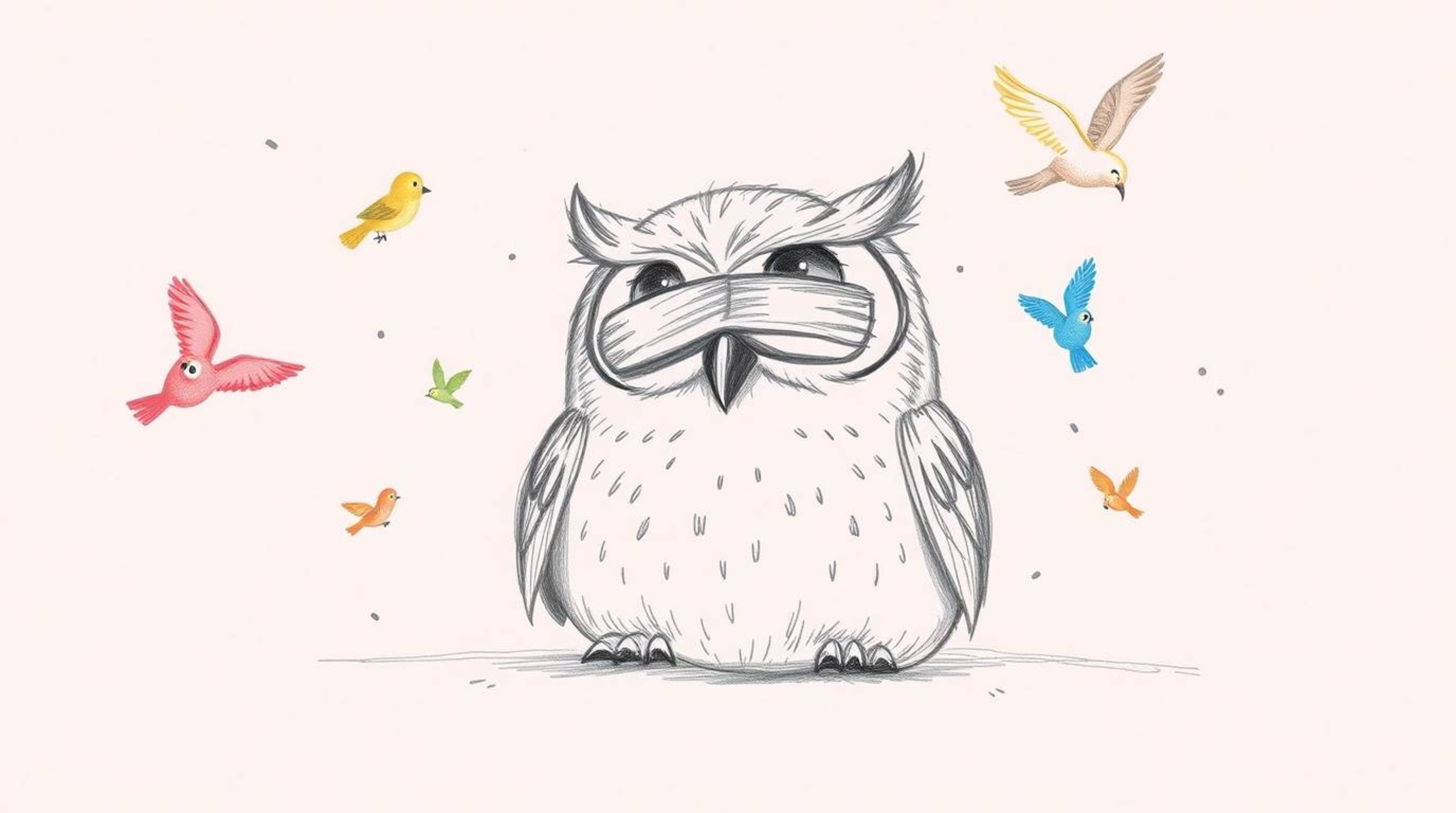 A charming hand-drawn sketch depicts a Pixar-esque blind owl with expressive eyes and soft feathers, resting peacefully amids