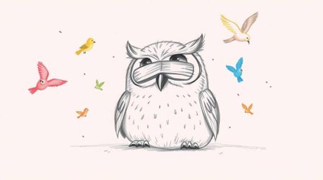 A charming hand-drawn sketch depicts a Pixar-esque blind owl with expressive eyes and soft feathers, resting peacefully amids