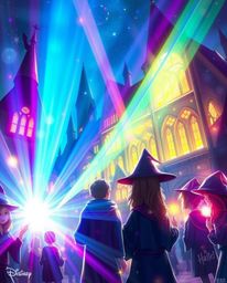 Immerse yourself in a stunning digital painting depicting a magical school teeming with young wizards. Witness vibrant colors