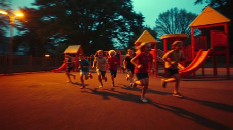 Experience a breathtaking slow-motion run through a vibrant playground.  Rendered in warm colors with strong contrasts and de