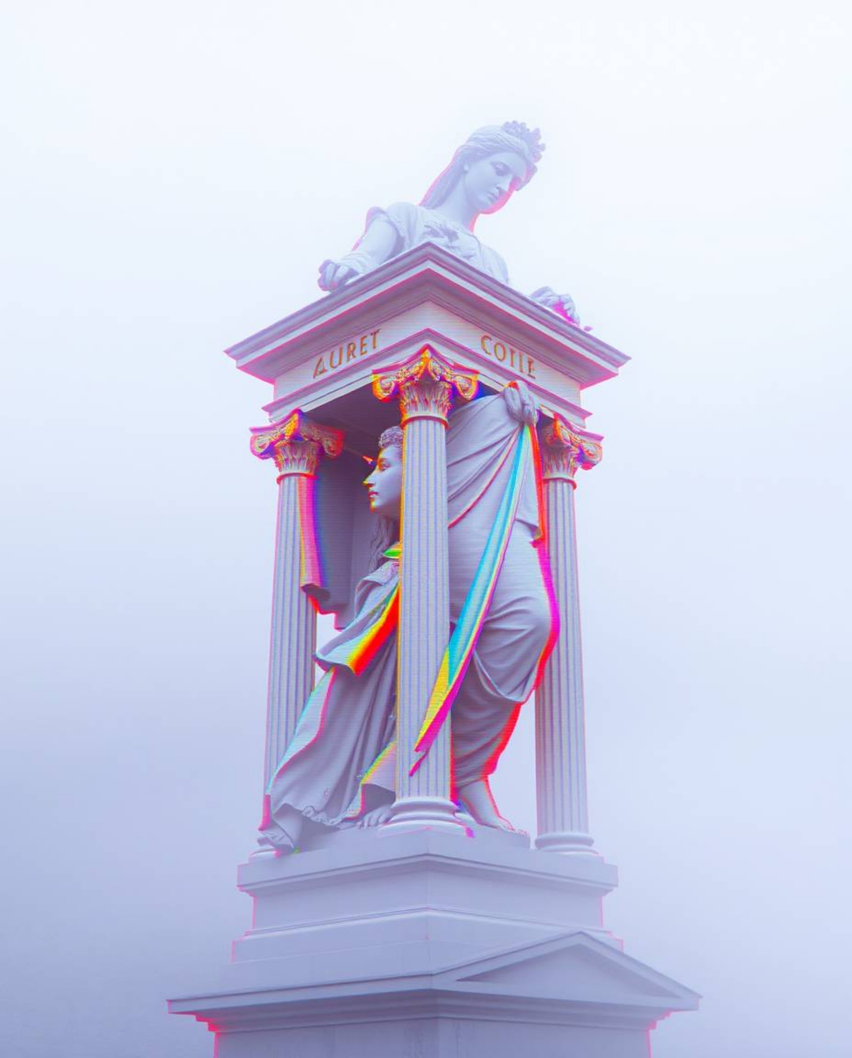 A captivating blend of classical art and digital decay, this artwork features a classical sculpture distorted by a vibrant gl