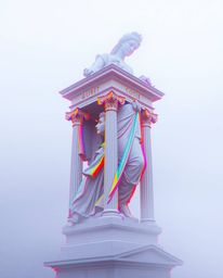 A captivating blend of classical art and digital decay, this artwork features a classical sculpture distorted by a vibrant gl
