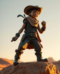 A courageous Disney-style hero embarks on a desert adventure, captured in a stunning antique bronze finish.  Warm golden hour