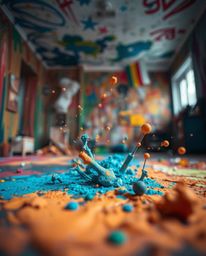 Experience the chaotic beauty of a room exploding with paint in extreme macro close-up. This image focuses on the minute deta