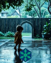 A captivating logo design featuring a child discovering a magical portal in their backyard during a drizzling rain. The cine