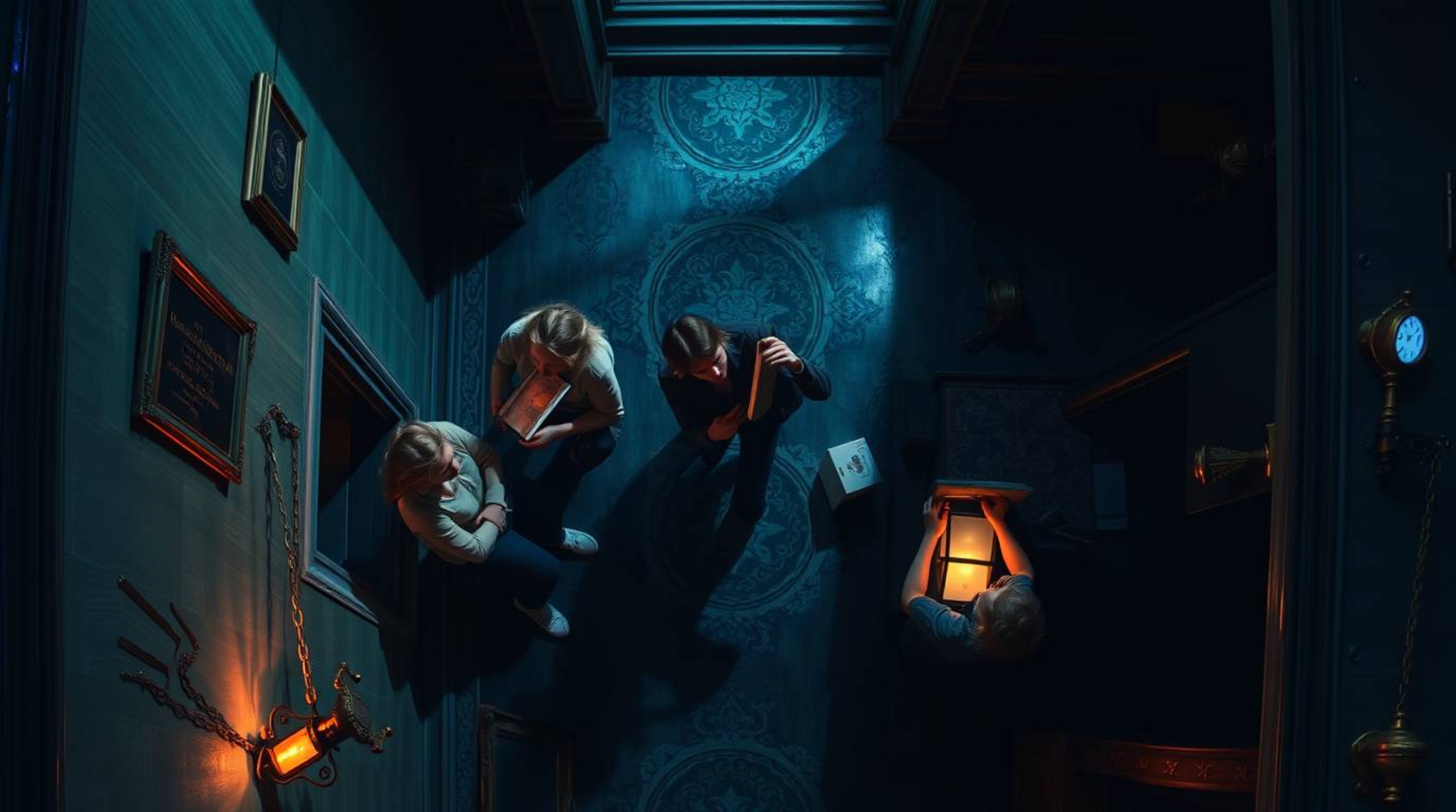 Experience a thrilling overhead view of a group of teenage detectives unraveling mysteries within a chilling haunted mansion.