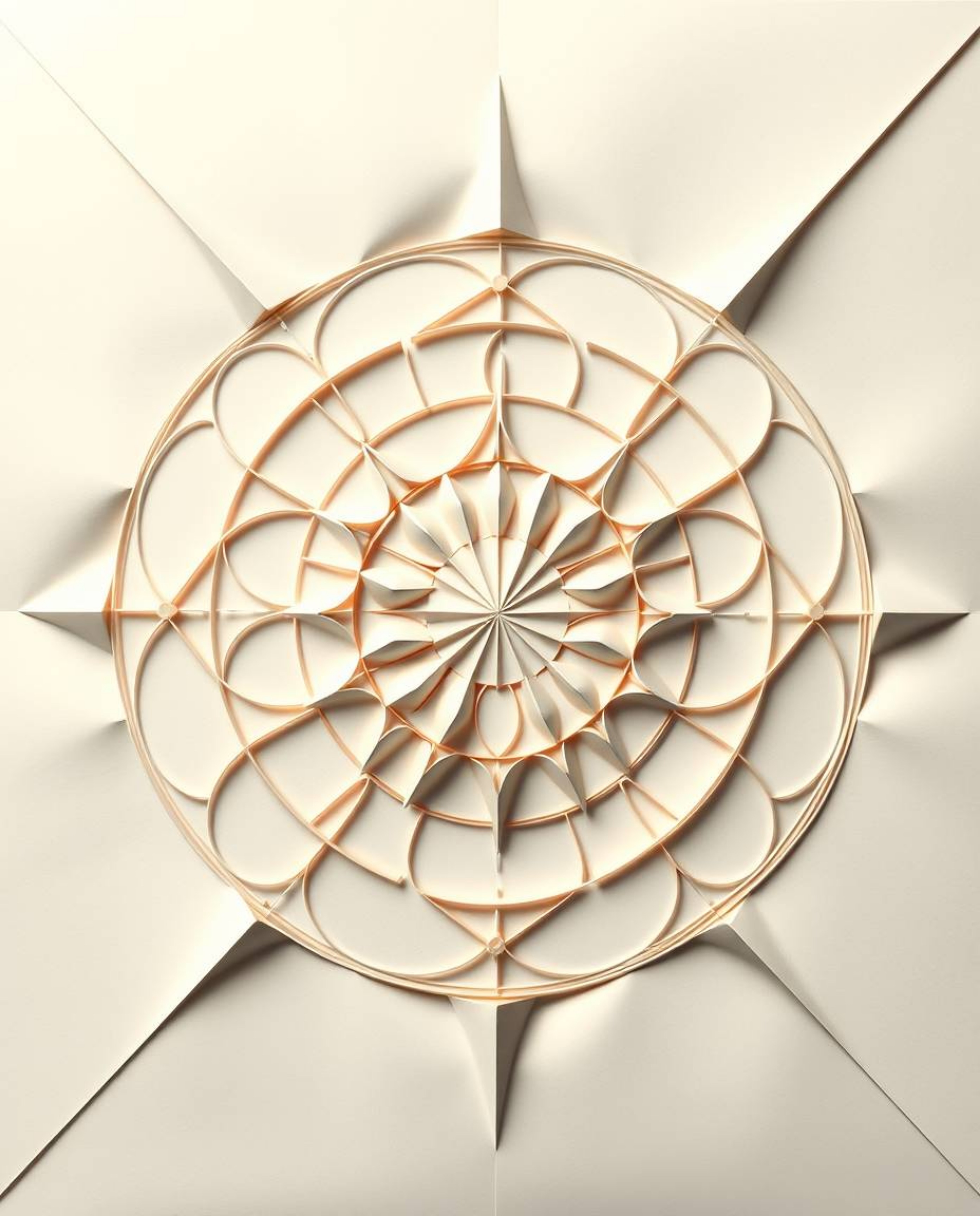 Explore intricate origami-style artwork featuring a minimalist geometric pattern of circles and lines in the Bauhaus style.  