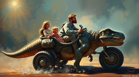 A classic oil painting showcases a prehistoric family's whimsical journey in a dinosaur car. Rendered with iridescent colors
