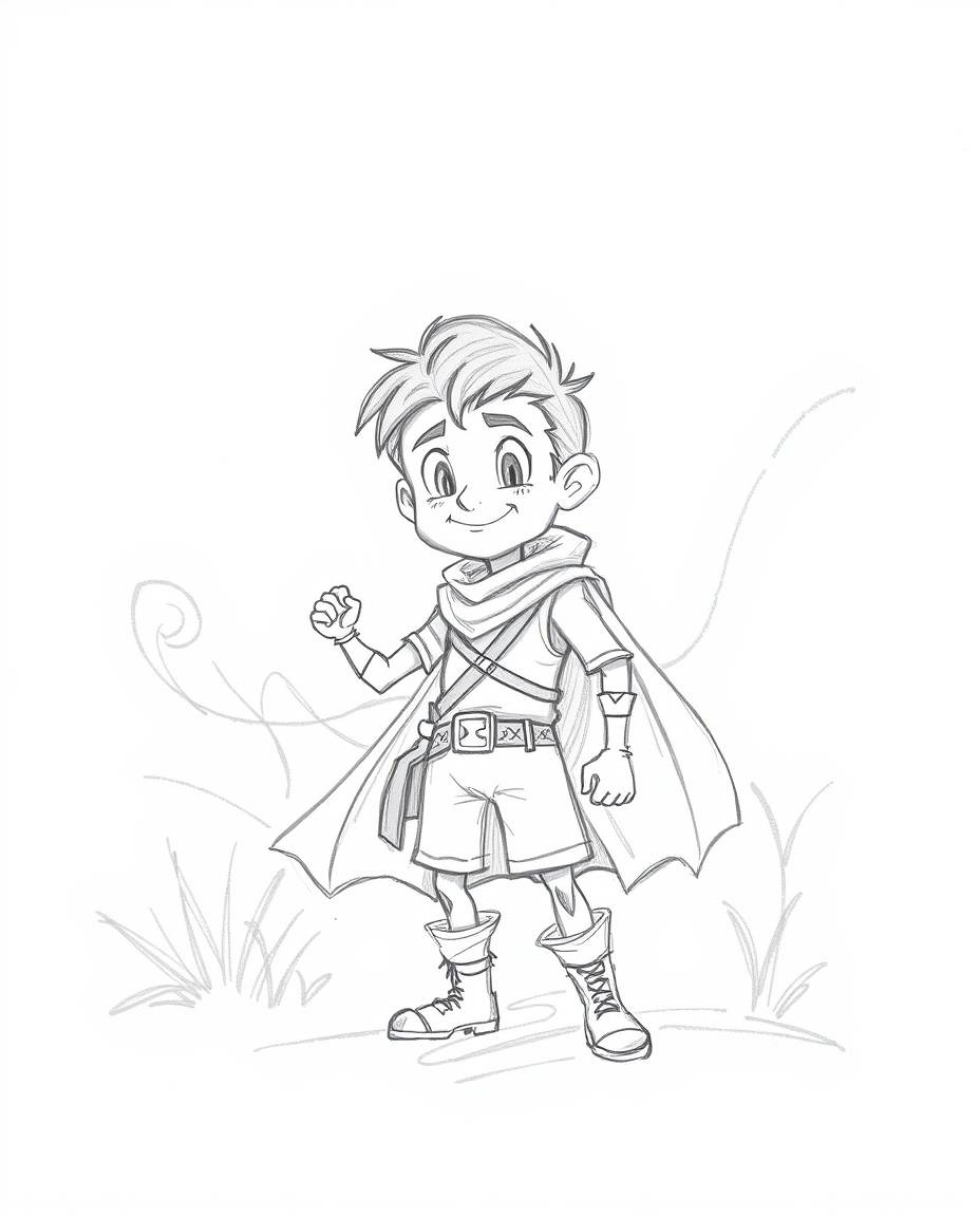 A captivating hand-drawn sketch depicting a brave hero embarking on a thrilling Disney-style desert adventure.  The image fea