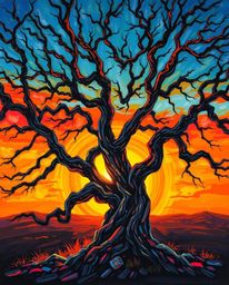 A bold acrylic painting of a sunset behind an old oak tree with twisted branches. High-contrast lighting and vibrant colors c