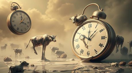 Explore a surreal dreamscape featuring iconic imagery like melting clocks and floating cows, all rendered with a soft, cinema