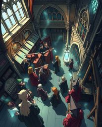 Discover a captivating high-angle illustration of a magical school brimming with young wizards. This enchanting scene, perfec