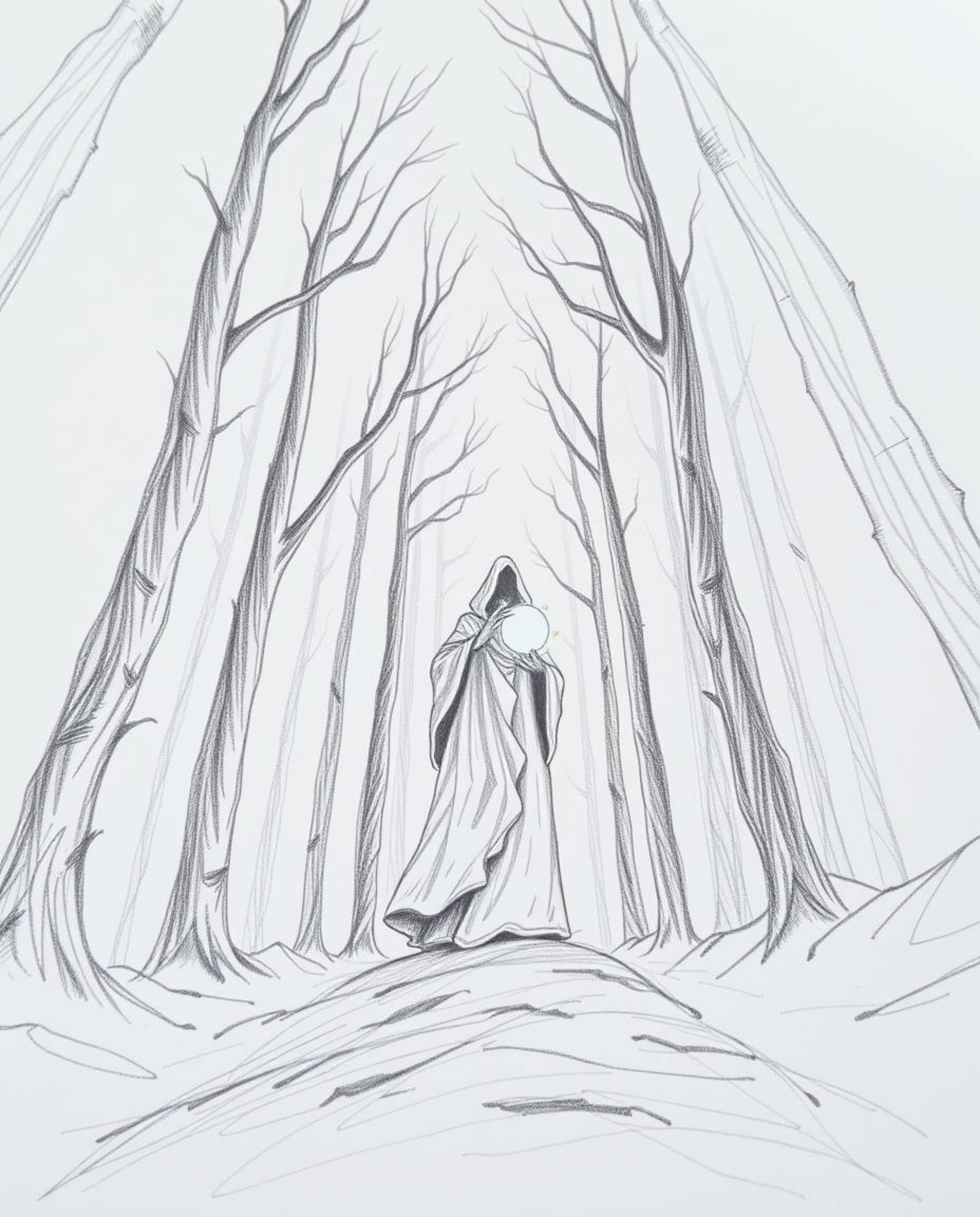 A captivating hand-drawn sketch presents a cloaked figure standing in a misty forest, holding a glowing orb. The low-angle pe