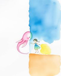 A captivating watercolor painting portrays a heartwarming friendship between a child and a whimsical sea creature. The artwo