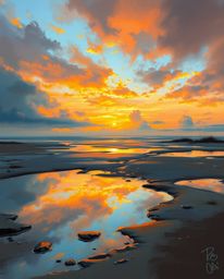 A dynamic digital sketch, created with loose painterly strokes, depicts a dramatic sunset sky mirrored in the tidal pools of 