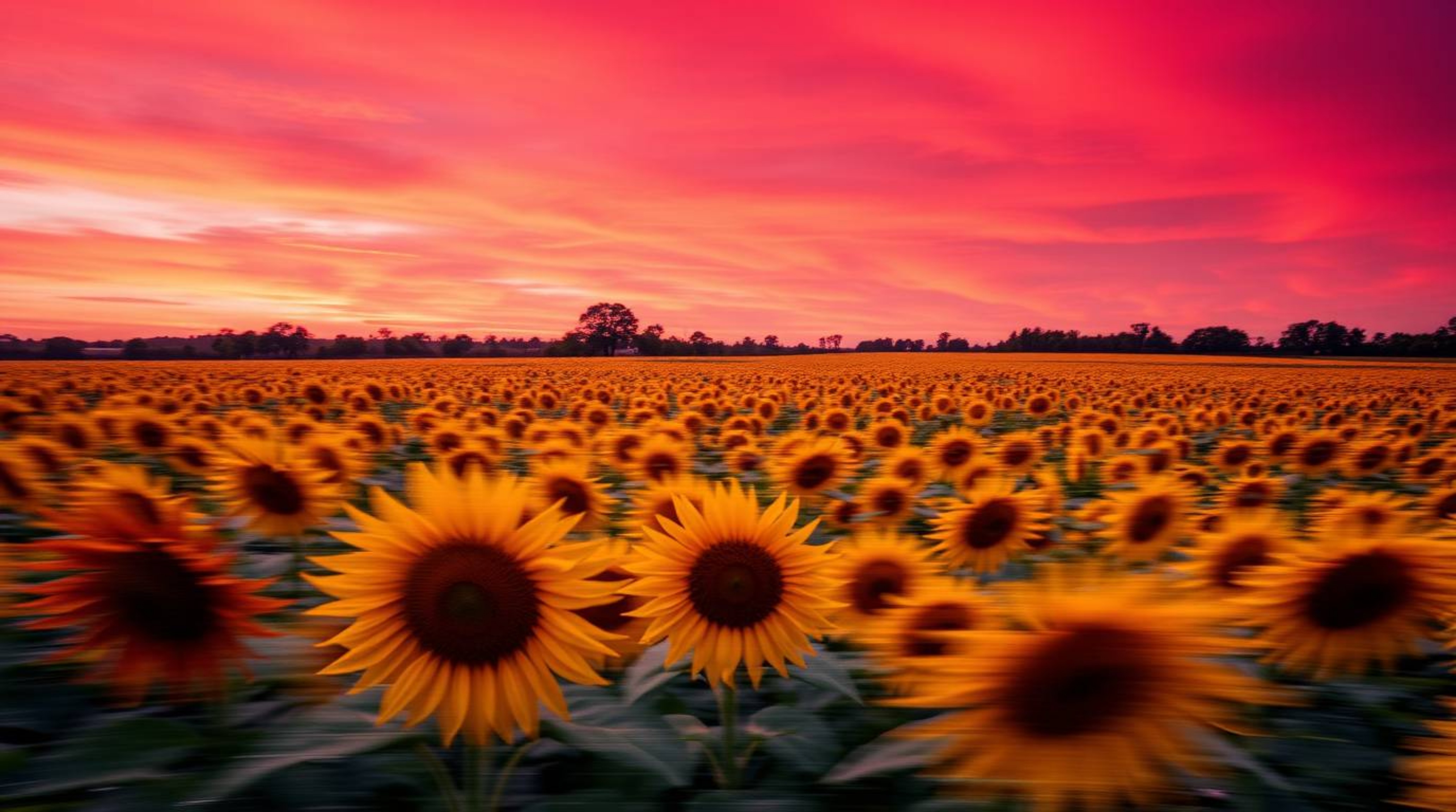 Experience a captivating dynamic motion image of a sunflower field bathed in the dramatic glow of a deep red and purple sunse
