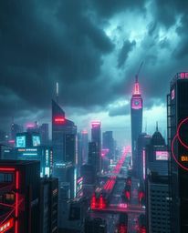 An original fine art photograph capturing a futuristic city in a state of glitch, showcasing flickering lights and broken hol