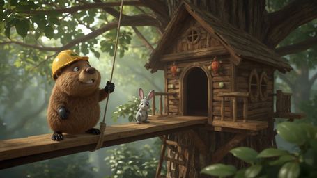 A highly detailed, high-resolution stock photo captures a heartwarming, Pixar-style scene in a whimsical, dreamlike forest. A