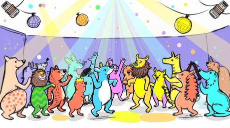 A vibrant and energetic hand-drawn sketch depicts an animal dance party under dazzling disco lights.  Rendered in a seamless 