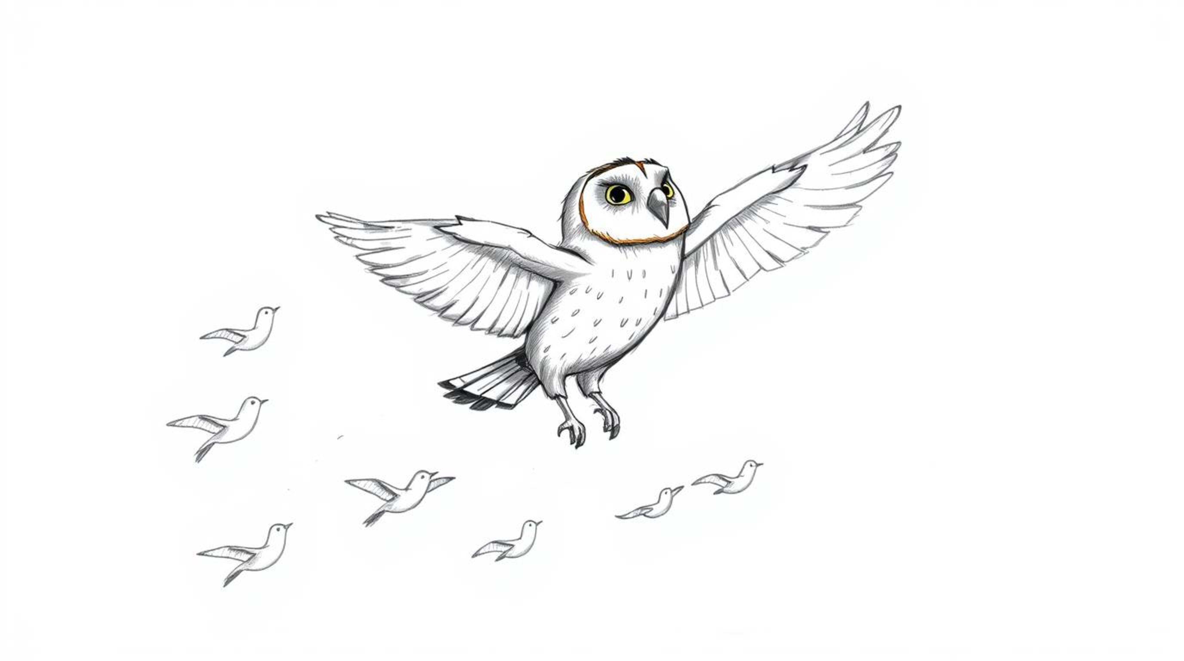 A heartwarming hand-drawn sketch in the style of Pixar, portraying a blind owl soaring mid-flight, guiding a flock of birds. 