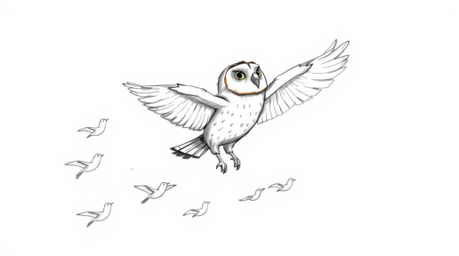 A heartwarming hand-drawn sketch in the style of Pixar, portraying a blind owl soaring mid-flight, guiding a flock of birds. 