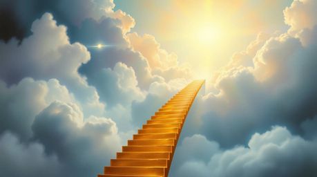 A breathtaking oil painting depicts a golden staircase gracefully ascending through a sea of clouds towards a radiant heaven,