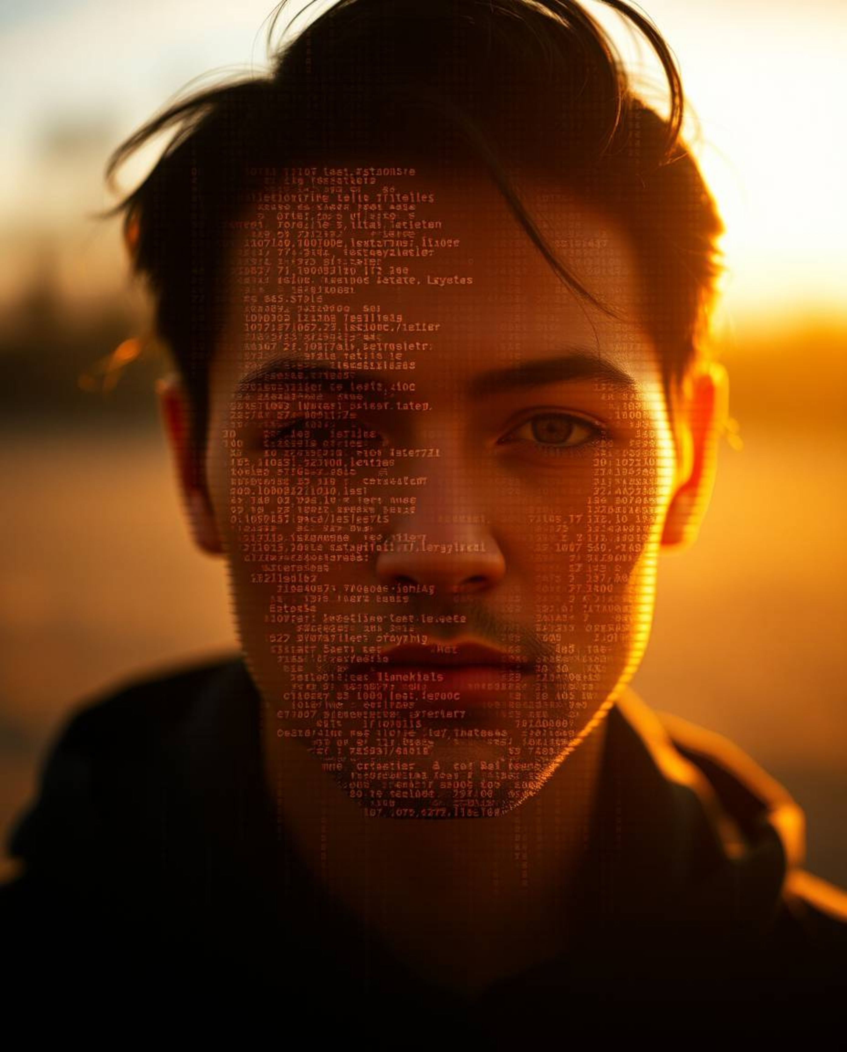 A mesmerizing digital artwork depicting a human face undergoing a transformation into a data stream, beautifully illuminated 