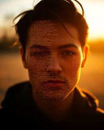 A mesmerizing digital artwork depicting a human face undergoing a transformation into a data stream, beautifully illuminated 