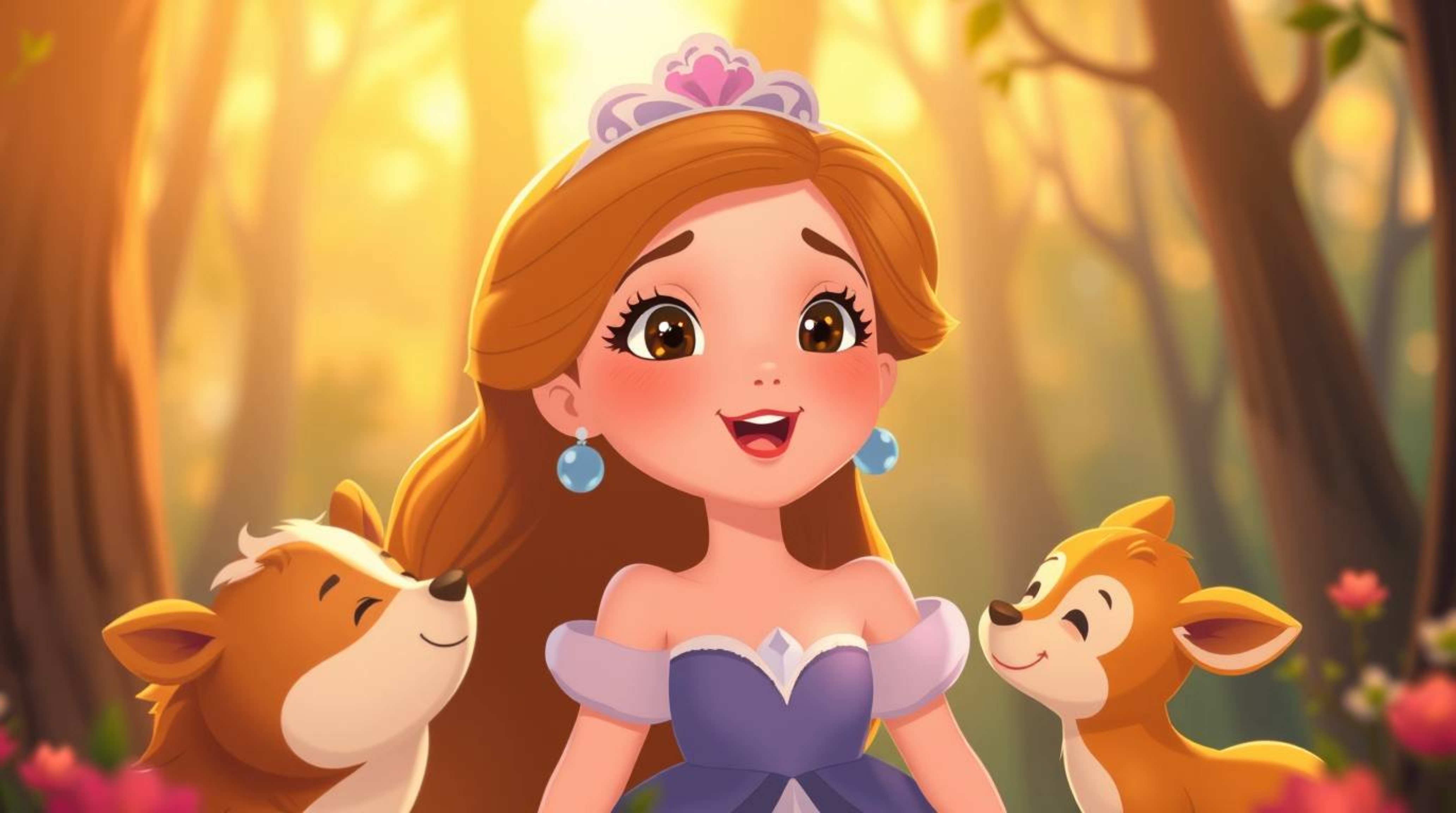 Experience the enchantment of a princess with captivating features, serenading alongside her forest animal companions in a be