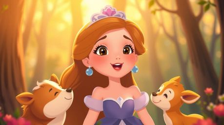 Experience the enchantment of a princess with captivating features, serenading alongside her forest animal companions in a be