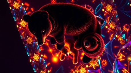 Discover a captivating image of a bear family viewed from above, showcasing creative light art and abstract patterns.  The to