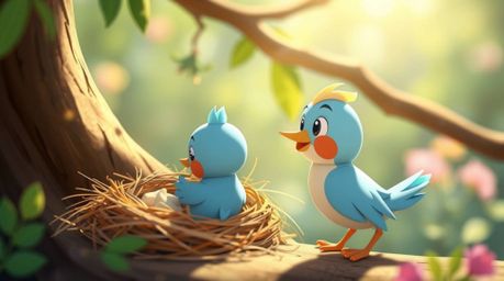 A charming image showcasing two cartoon birds diligently building a nest in a classic animation style. The scene is brought t