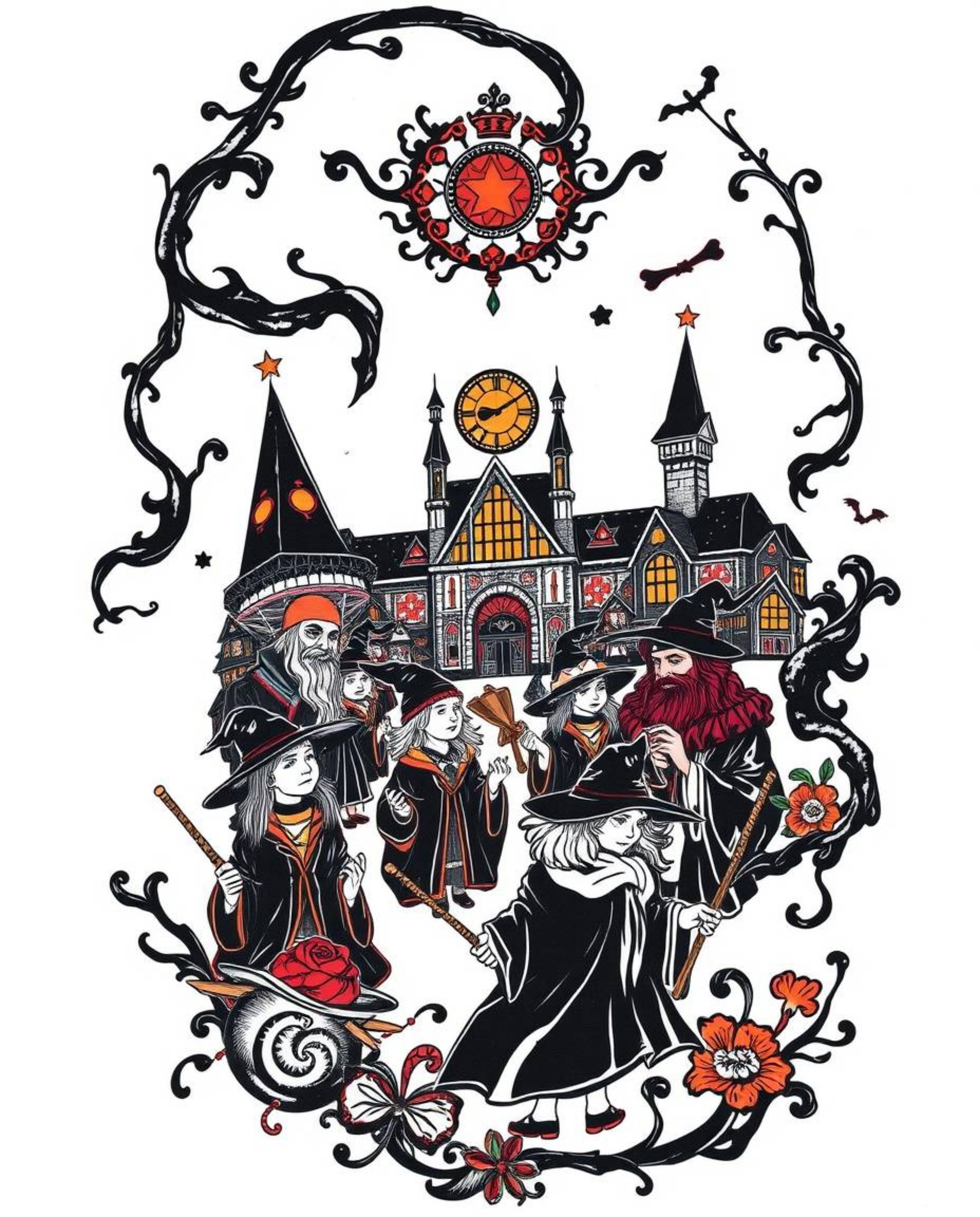 This vibrant art print showcases a magical school teeming with young wizards, rendered in a striking traditional tattoo style