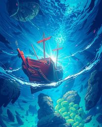 An Isekai anime-style depiction of a shipwreck illuminated deep underwater, viewed from a high-angle perspective, creates an 