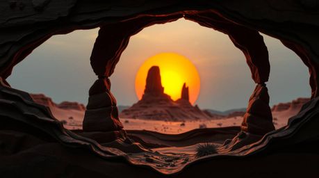 This layered papier-mâché artwork captures a mesmerizing sunset viewed through a desert rock arch, creating an eerie and unse