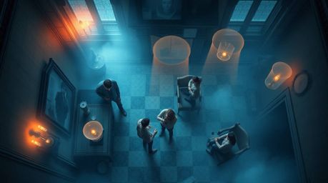 Experience a captivating overhead view of a group of teenagers unraveling mysteries within a mystical, enchanting haunted man