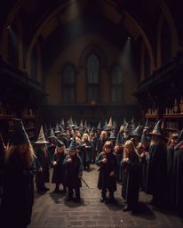 Explore a captivating magical school teeming with young wizards, bathed in dramatic lighting and rich earth tones of browns a